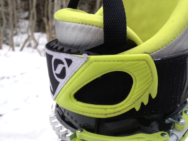 The Scarpa Freedom SL has a beefy, velcro power strap with a loop large enough to use with gloved hands, as well as teeth so you can chip away snow and ice that builds up anywhere on the boot. (Photo: Jared Hargrave - UtahOutside.com)