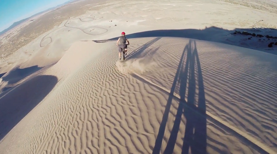 Screen grab from the video, "Little Fat Sahara" by Mike Debernardo, featuring fat mountain biking on sand dunes in Utah's Little Sahara. (Image: Mike DeBernardo)