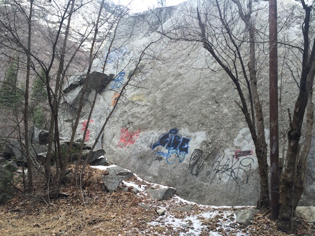 Graffiti that will be removed in Little Cottonwood Canyon as part of a service project during the Rock Project Tour in Salt Lake City.