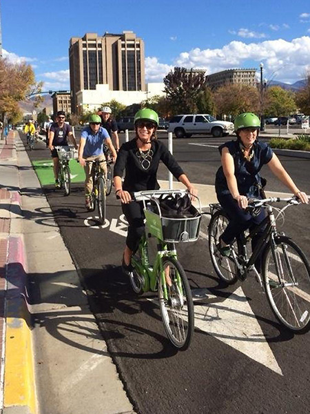 Utah's first protected bicycle lane, which runs east and west down 3rd South in Salt Lake City. (Photo: SLC Transportation)