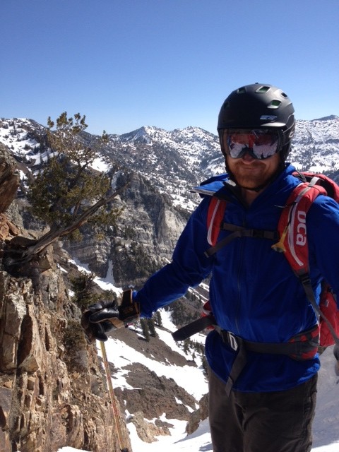 Wearing the Mountain Hardwear Stretch Ozonic Jacket atop Suicide Chute on Mount Superior on a spring ski tour. (Photo: Mike Eichorn)