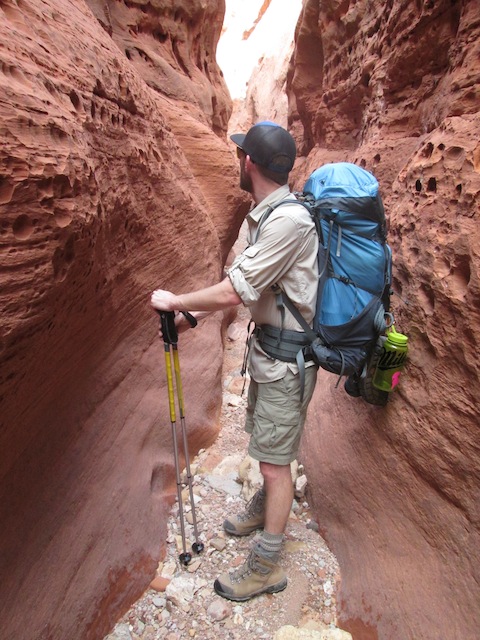 The author in a tight section of Little Death Hollow Canyon in the GSENM. This canyon doesn't have the fame of others nearby, but is just as scenic as any in Escalante. (photo: Skip Whitman/Utahoutside.com)