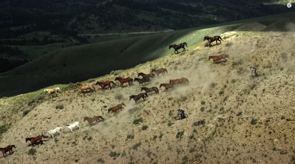 Mountain bikers ride with wild horses in a scene from the film "unReal" by Teton Gravity Research and Anthill Films. (Image: TGR)