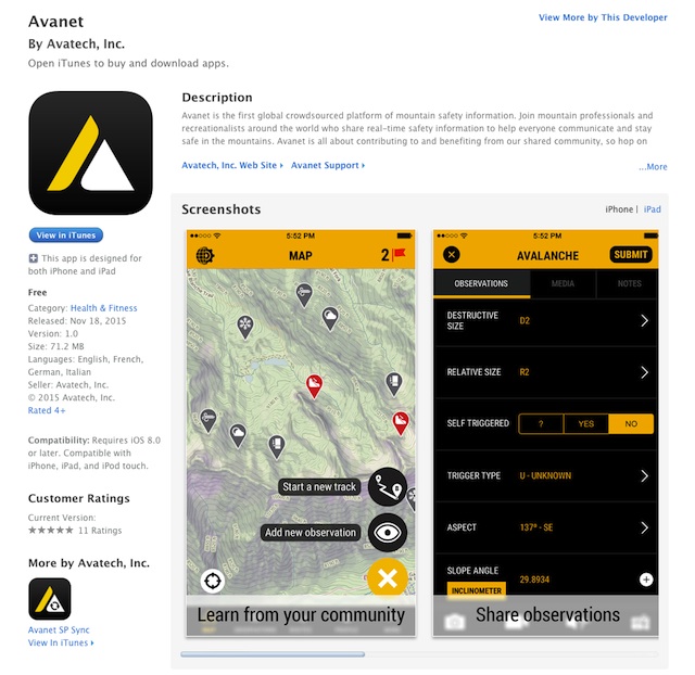 Avanet is a new mobile app just released by Avatech - an app for the backcountry. (Image: Avatech)
