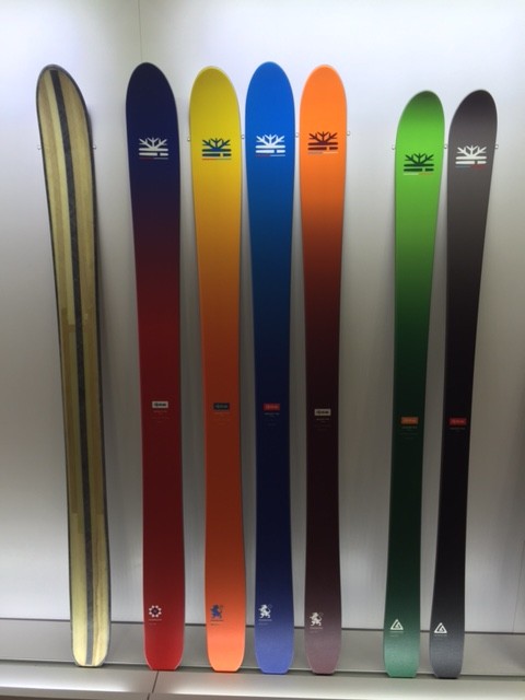 The DPS Foundation Line of skis at Outdoor Retailer 2016 Winter Market. Note the ski on the left showing off the construction. (Photo: Jared Hargrave - UtahOutside.com)