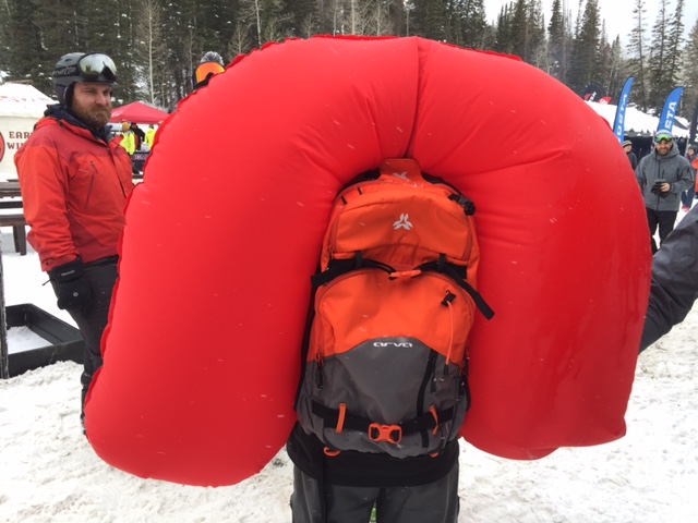 The Arva Reactor System airbag pack fully deployed at Outdoor Retailer 2016 Winter All Mountain Demo. This is the very first deployment of the Arva system in North America. (Photo: Jared Hargrave - UtahOutside.com)