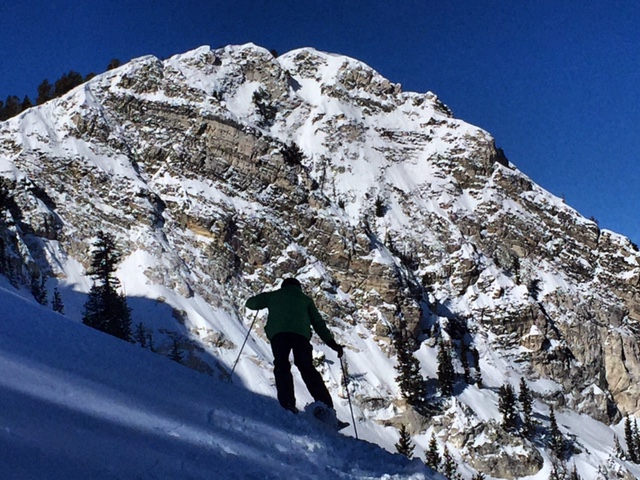 Even with a new high-speed quad replacing the old Summit chair at Solitude, you still have to traverse in Honeycomb Canyon to get the good stuff. (Photo: Jared Hargrave - UtahOutside.com)