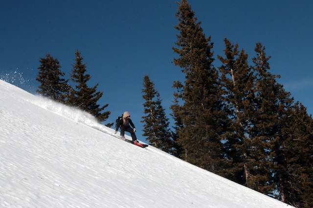 Jonny Monstrola snowboards down City Creek Peak on a sunny day in the Tushar Mountains. (Photo: Jared Hargrave - UtahOutside.com)