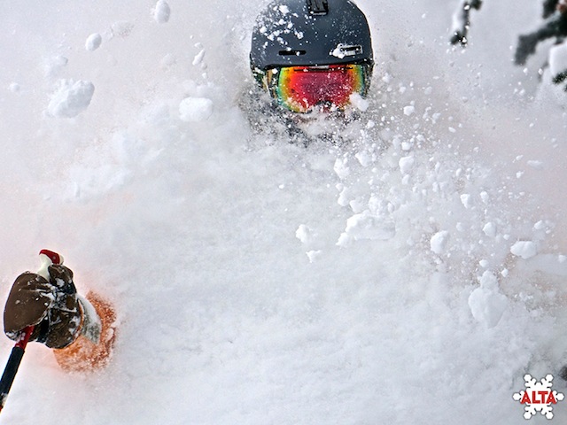 The second big storm in a week at Alta saw 16 inches on March 29. Here, Willie Nelson blasts through the white as Joe Johnson clicks the frame. (Photo: Alta)