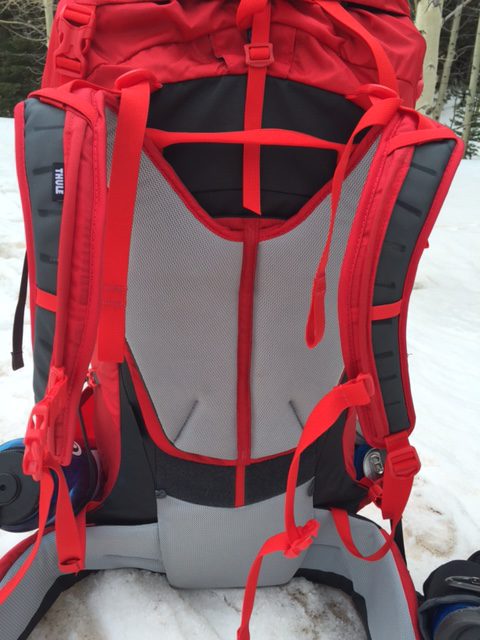 A closer look at the Thule Versant 70: back panel. It is fully customizable for a perfect fit, but I would have liked more cushion in the shoulder straps and hip belt for added comfort when carrying heavy loads. (Photo: Jared Hargrave - UtahOutside.com)