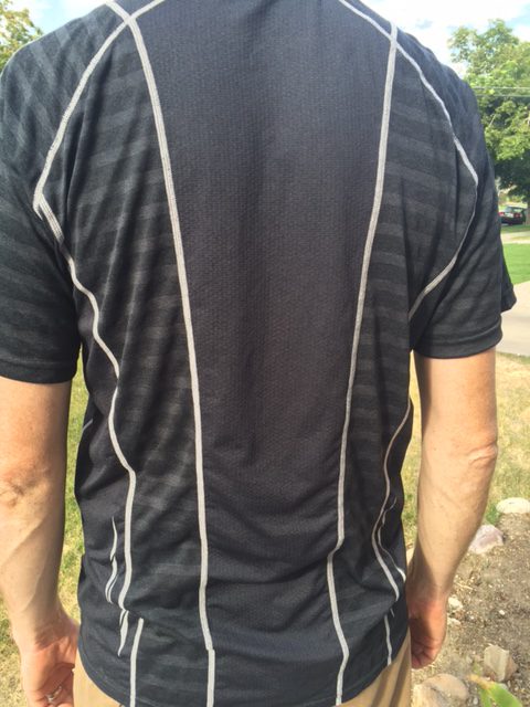A look at the breathable, mesh back panels of the Avalanche Striker shirt, plus reflective logos on the sides. (Photo: Callista Pearson - UtahOutside.com)