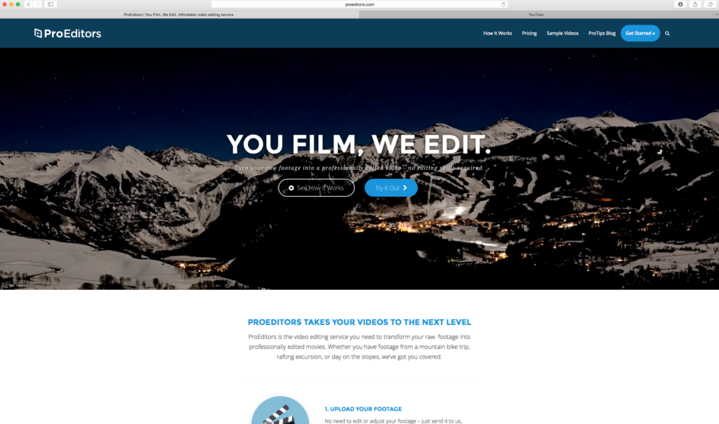  A look at the ProEditors home page. Sign up to create your movie, or follow the link to get some advice on how to shoot better videos. (courtesy: ProEditors
