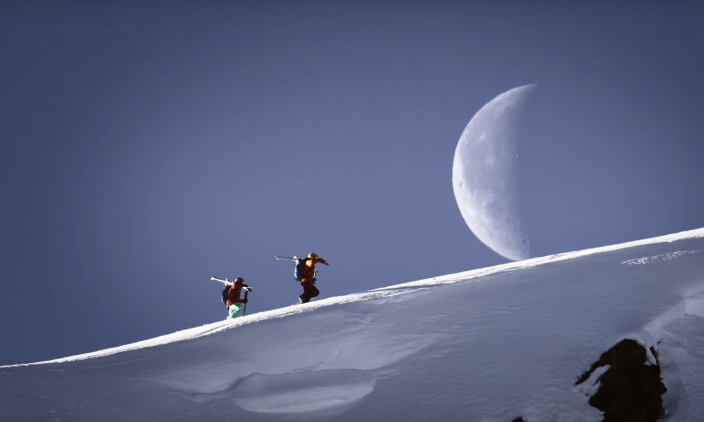 We review the Matchstick Productions film, Ruin and Rose. The cinematography in Ruin and Rose is amazing, as evidenced by this shot of skiers hiking with the moon. (Photo: Matchstick Productions)