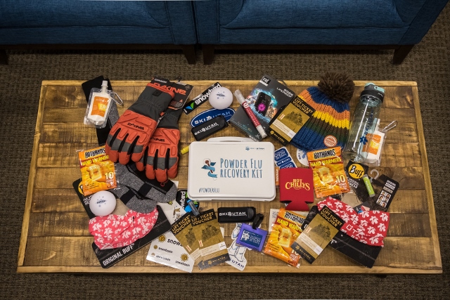 The Powder Flu Recovery Kit is full of awesome stuff to help get you on the road (or chair lift) to recovery. Note that not all kits will have these exact contents. (Photo: Ski Utah)