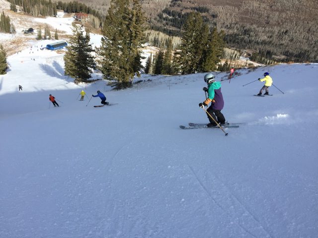 Skiers on Solitude 2017 opening day